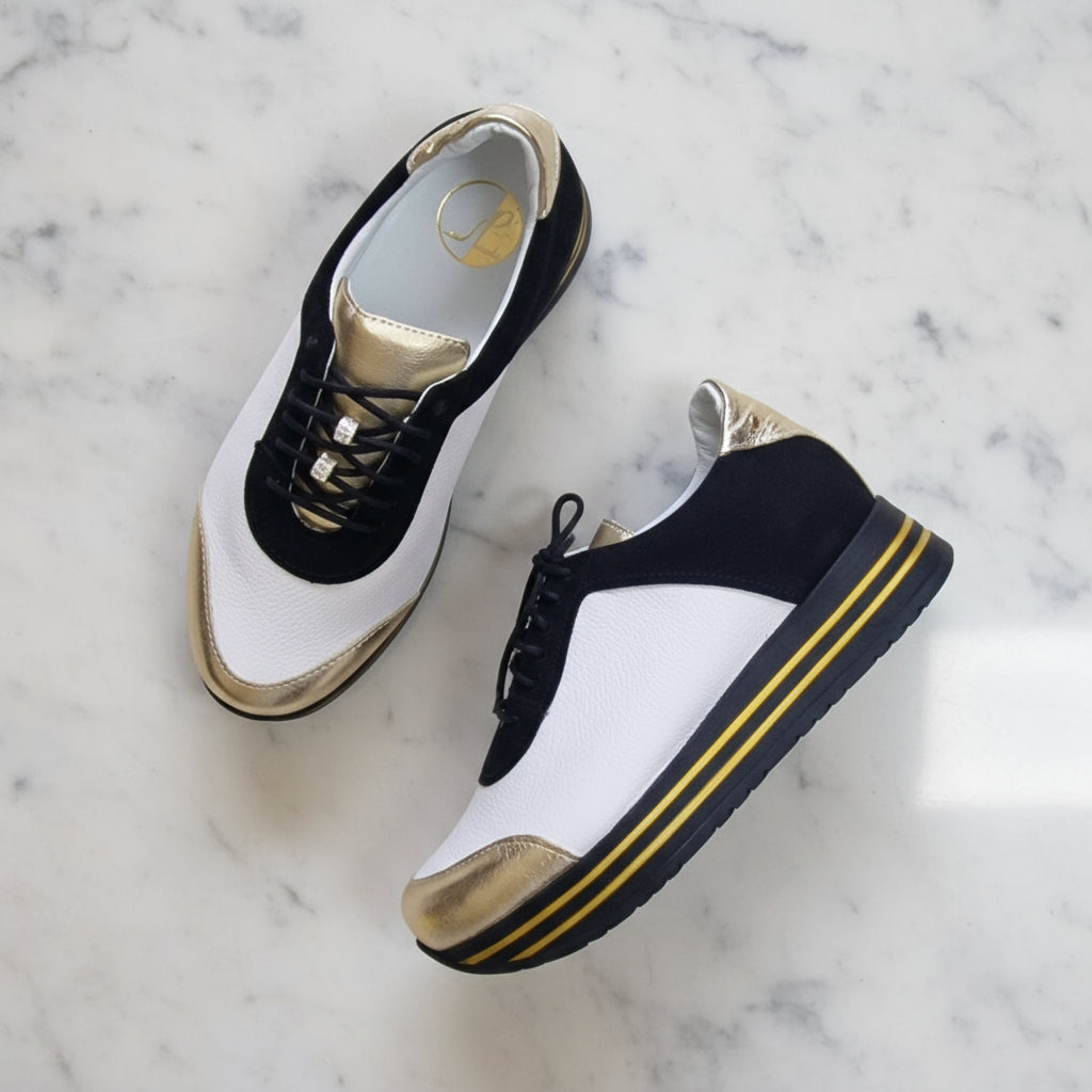 Gold and white leather ladies petite sneaker shoes