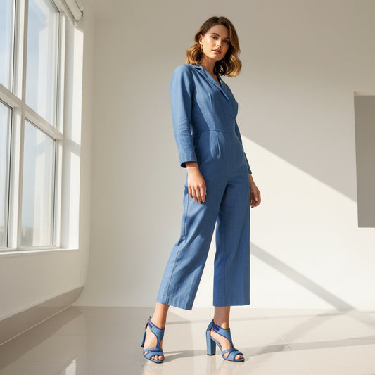 Woman wearing a blue suit standing in a bright room with large windows.