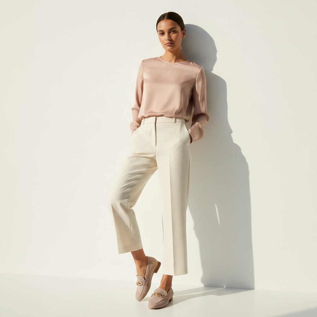 Pair of light pink loafers with gold accents on a marble surface