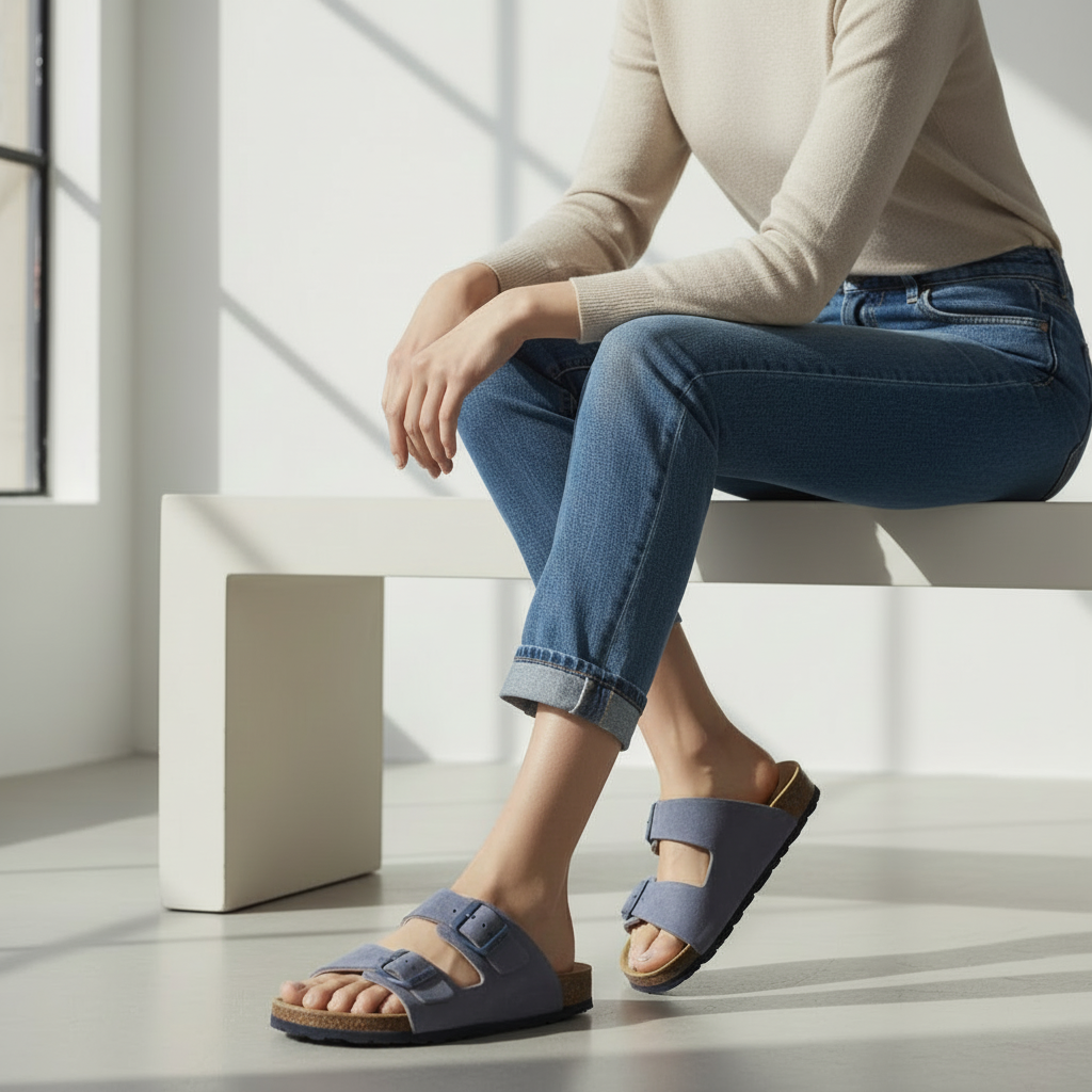 Pair of blue sandals with cork soles on a light gray background