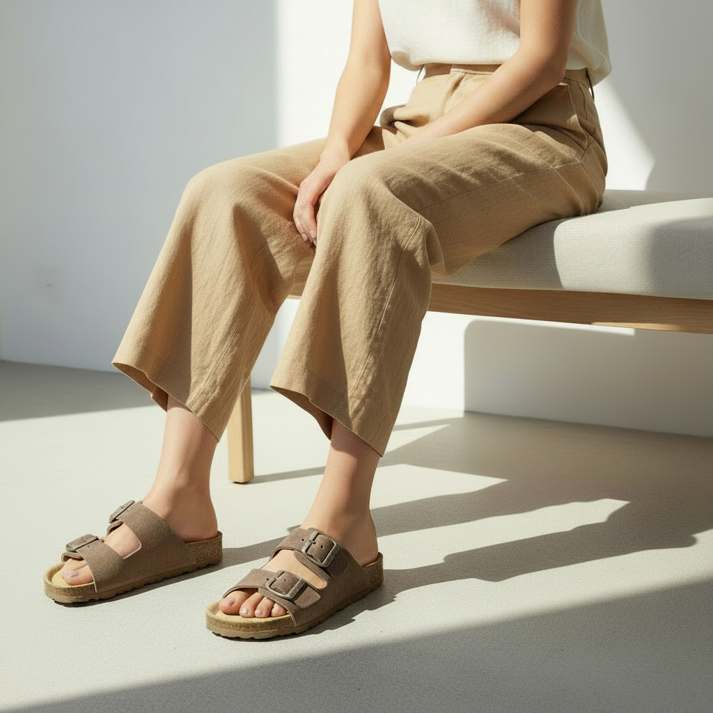 A person seated on a bench wearing tan wide-leg trousers and taupe double-strap slide sandals in a bright, sunlit minimalist room.