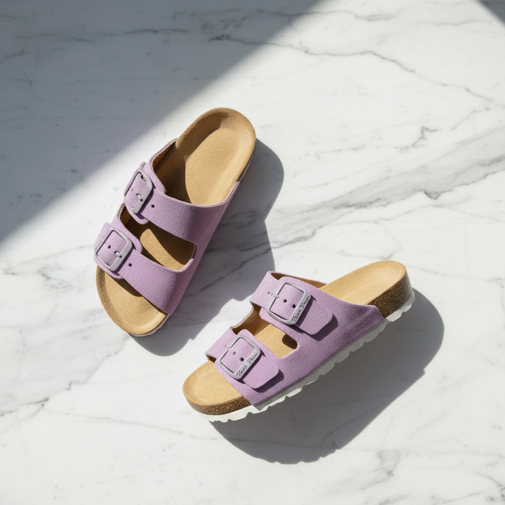 A pair of lavender double-strap slide sandals with cork-look footbeds, photographed on a white marble surface with strong diagonal sunlight and shadows.