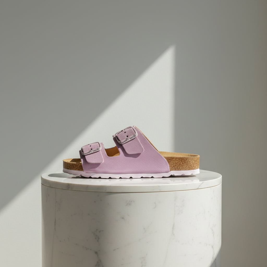 A single wedge sandal with a lavender purple suede upper, cork midsole, and white scalloped edge, photographed from above on a textured beige surface.