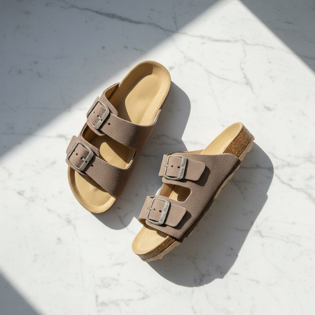 A pair of brown double-strap slide sandals with adjustable buckles, shown from top and side angles on a light textured concrete surface. The brand 'Friedrich BIEGS' is visible on the insole.