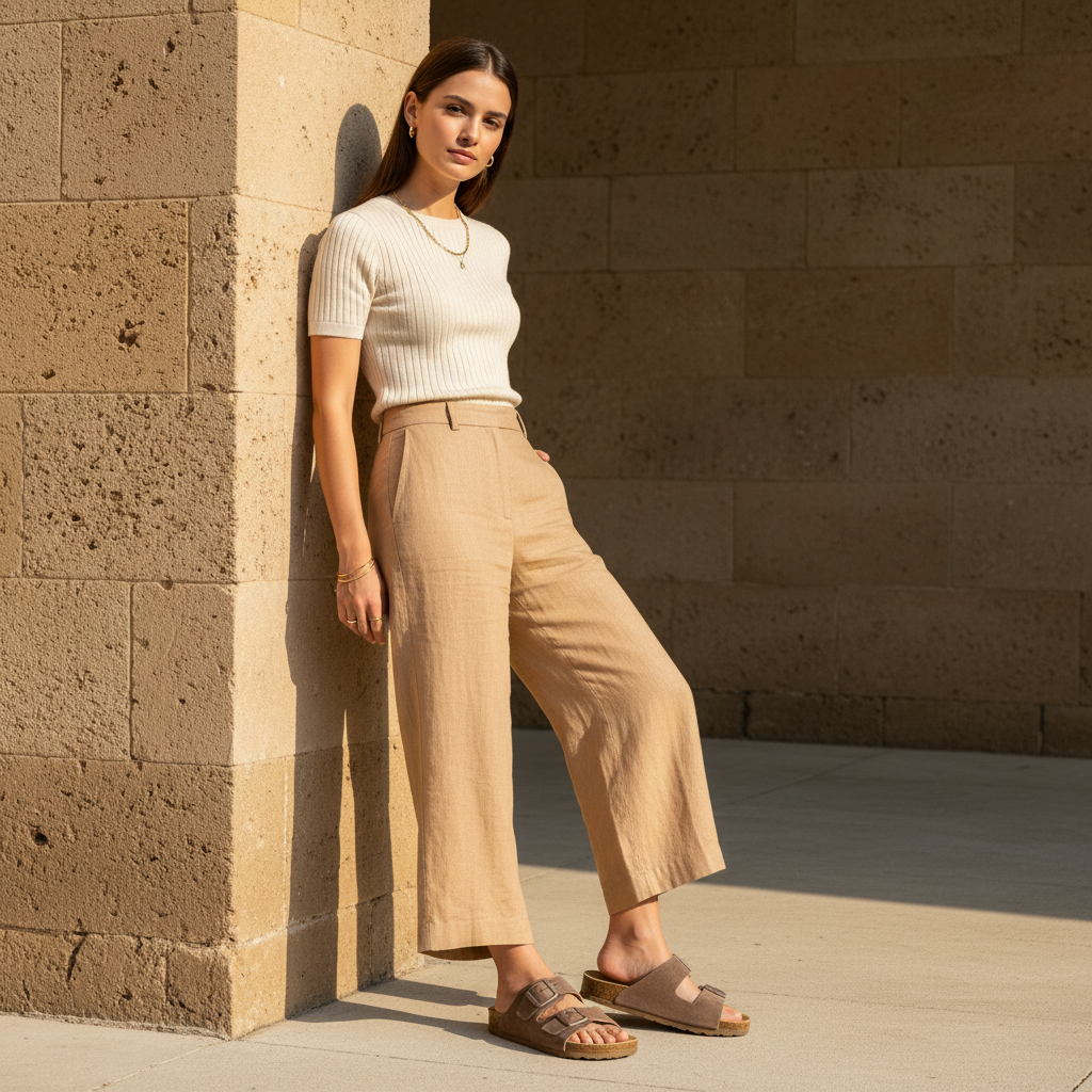 A woman stands in a sunlit stone corridor, leaning against a tan brick pillar. She is wearing a fitted white ribbed short-sleeve top, beige wide-leg cropped pants, and taupe double-strap sandals.