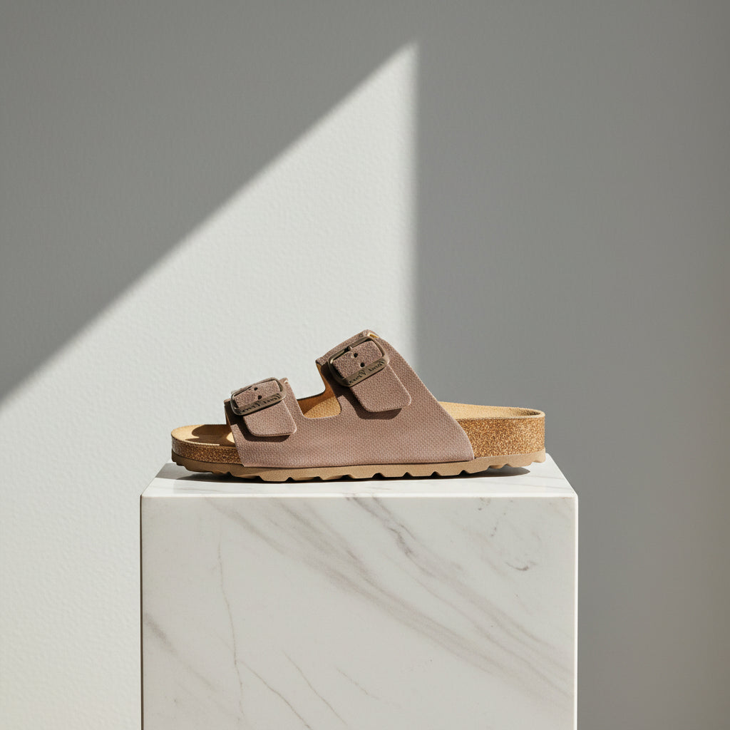 A single brown suede slide sandal with two adjustable straps and a cork-look midsole, photographed from above on a textured beige carpet.