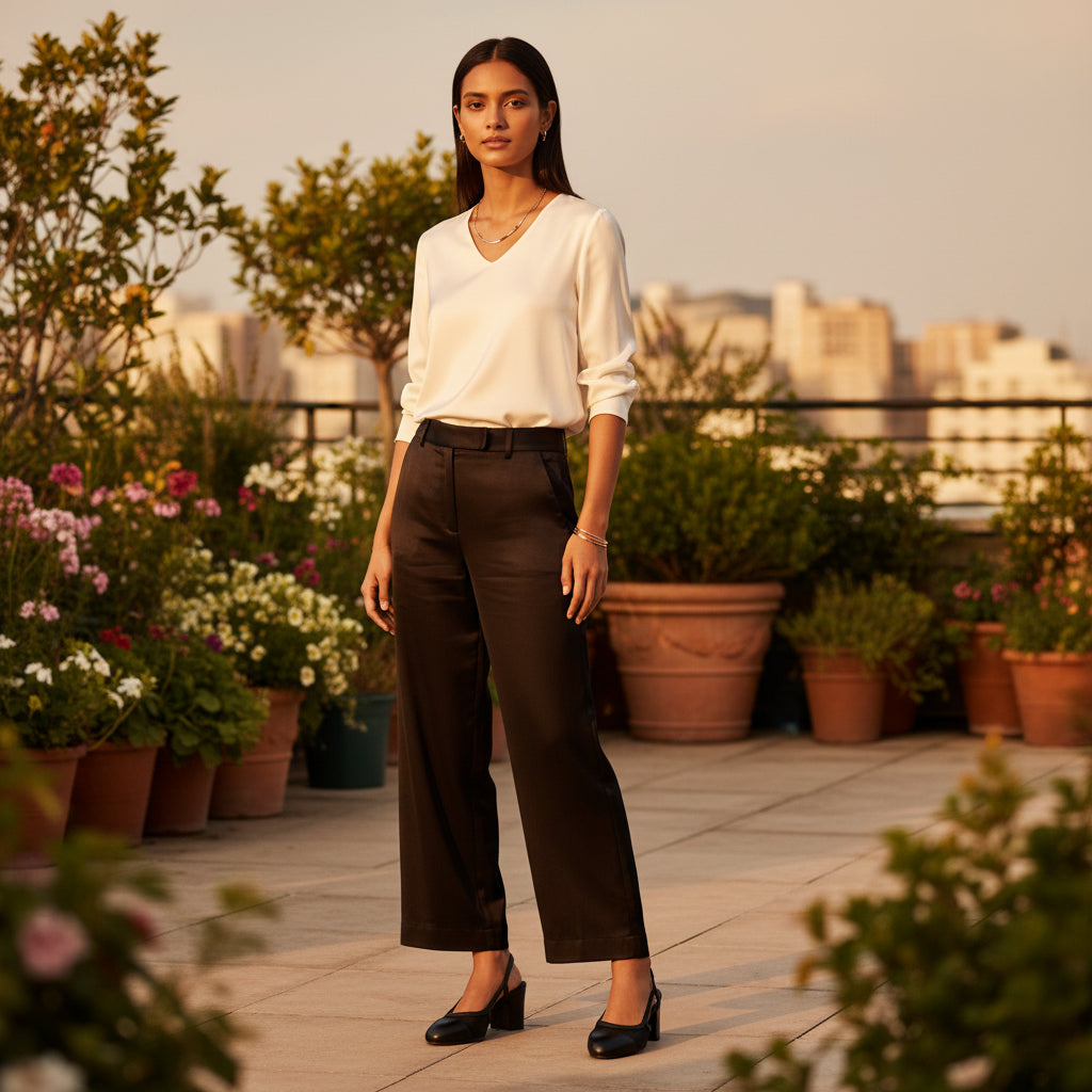 KAI black leather and mesh slingback block heel shoes styled with dark trousers and white top on rooftop terrace.