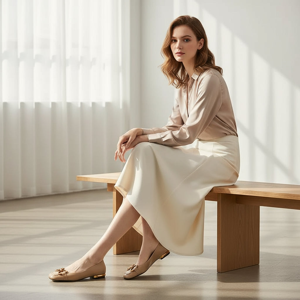 Woman wearing beige leather ballerina pumps with gold heel and buckle