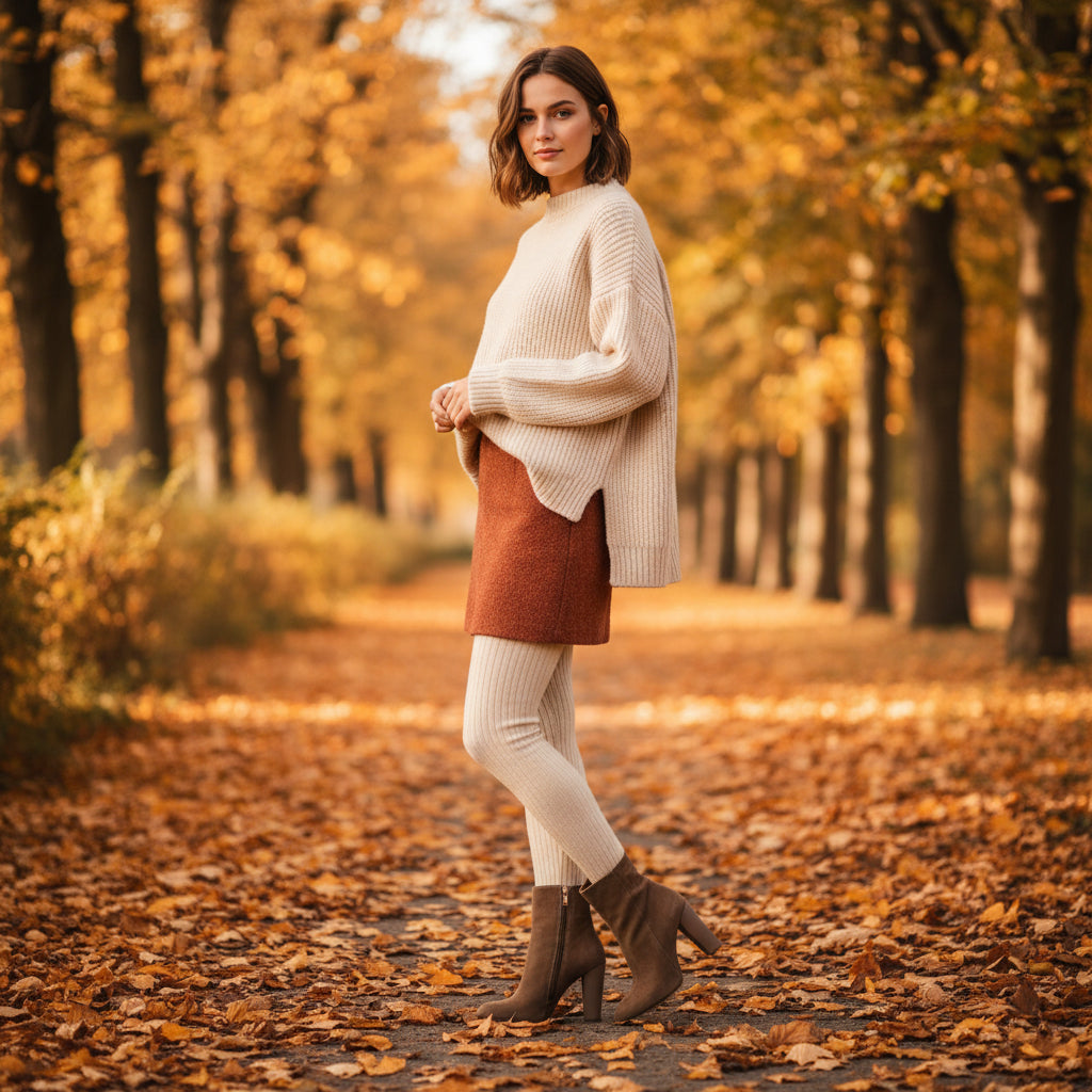 Woman standing in a park with autumn foliage
