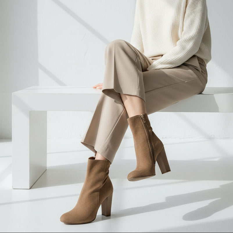 Person wearing brown ankle boots sitting on a white bench.