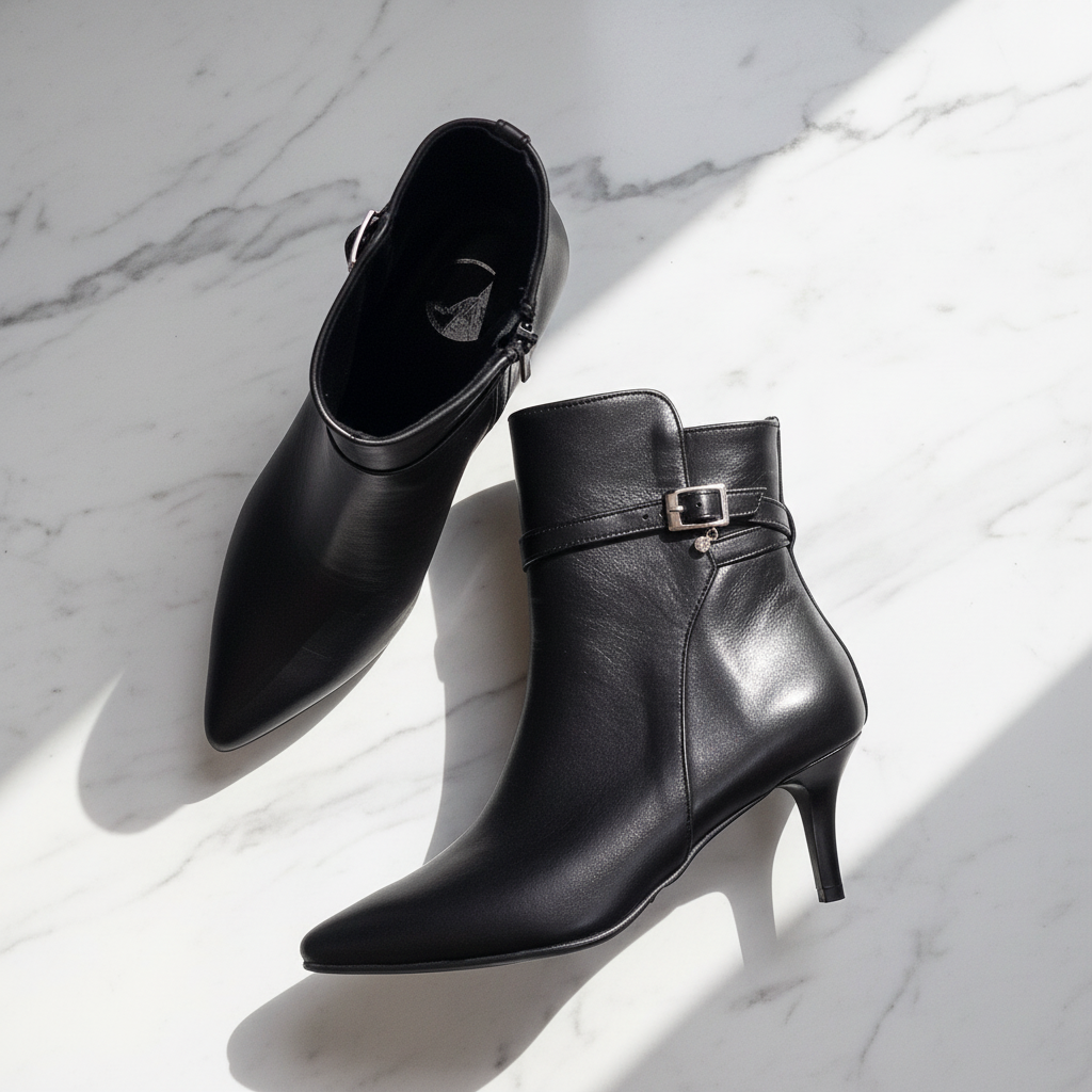 Black leather pointed toe boots with a kitten heel resting on a marble surface. 