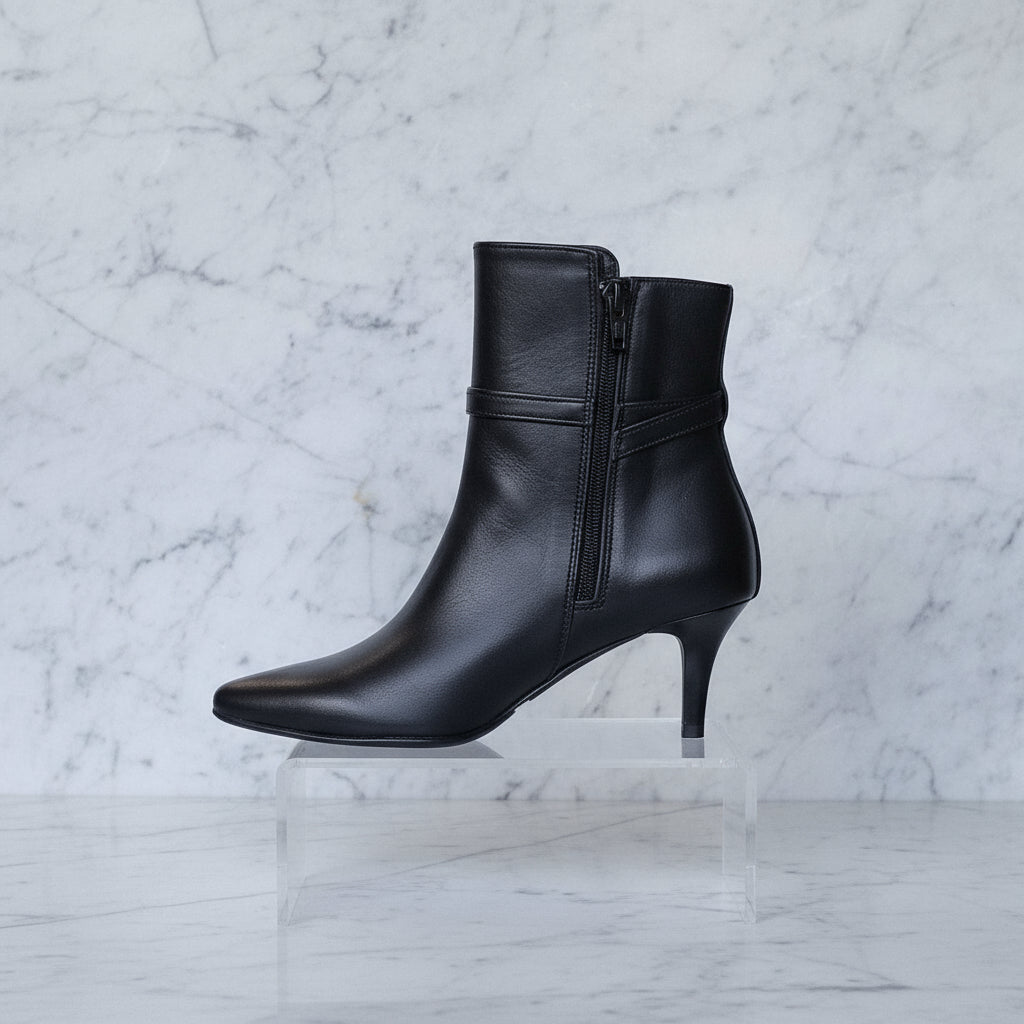 Pointed toe black leather, kitten heel small size ankle boots