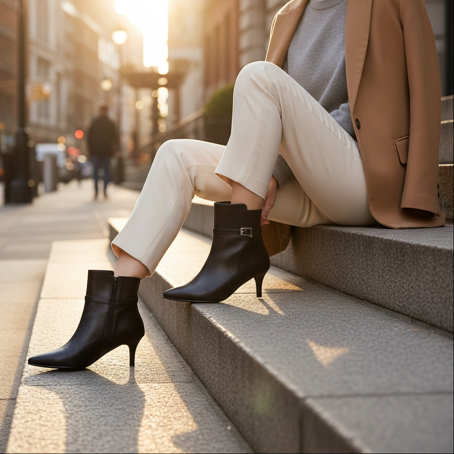 A person sitting on outdoor city steps at sunset, wearing black pointed-toe ankle boots with kitten heels, cream pants, a gray top, and a tan blazer.