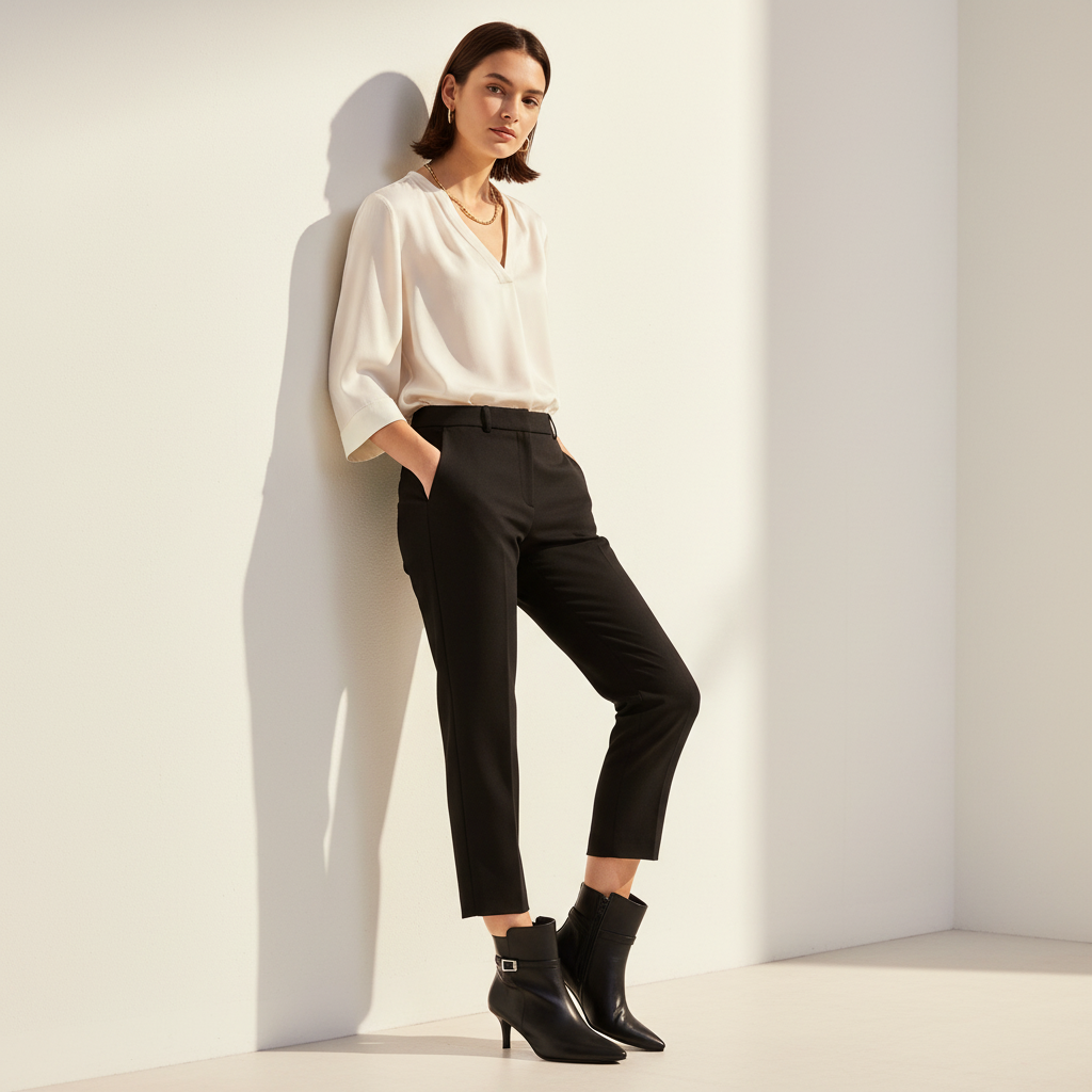 Model leaning against a wall wearing black cigarette trousers, a silk ivory blouse and black ankle boots. 