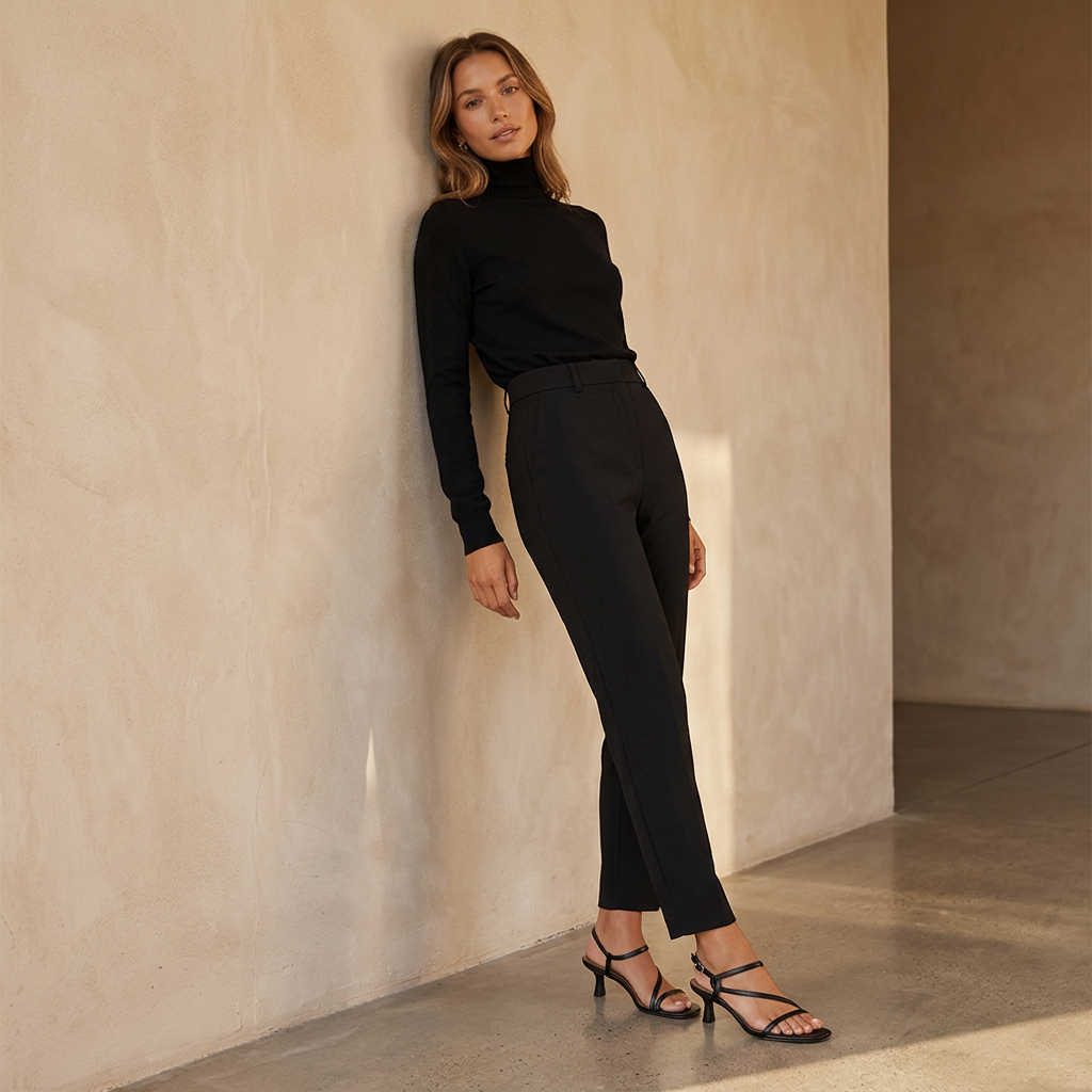 Petite model wearing KAREN black leather kitten heel sandals with tailored black trousers and a black top in a minimalist luxury studio