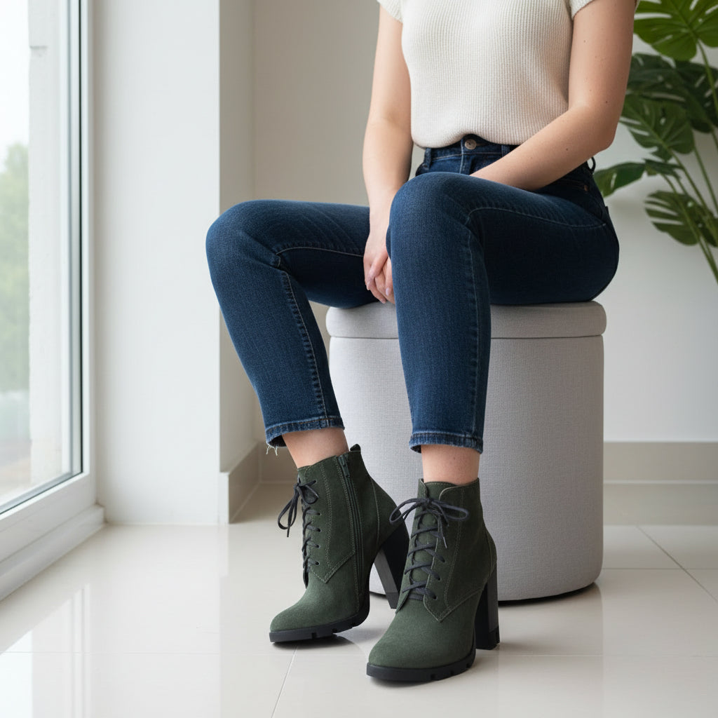 Person wearing green ankle boots sitting on a white stool indoors.