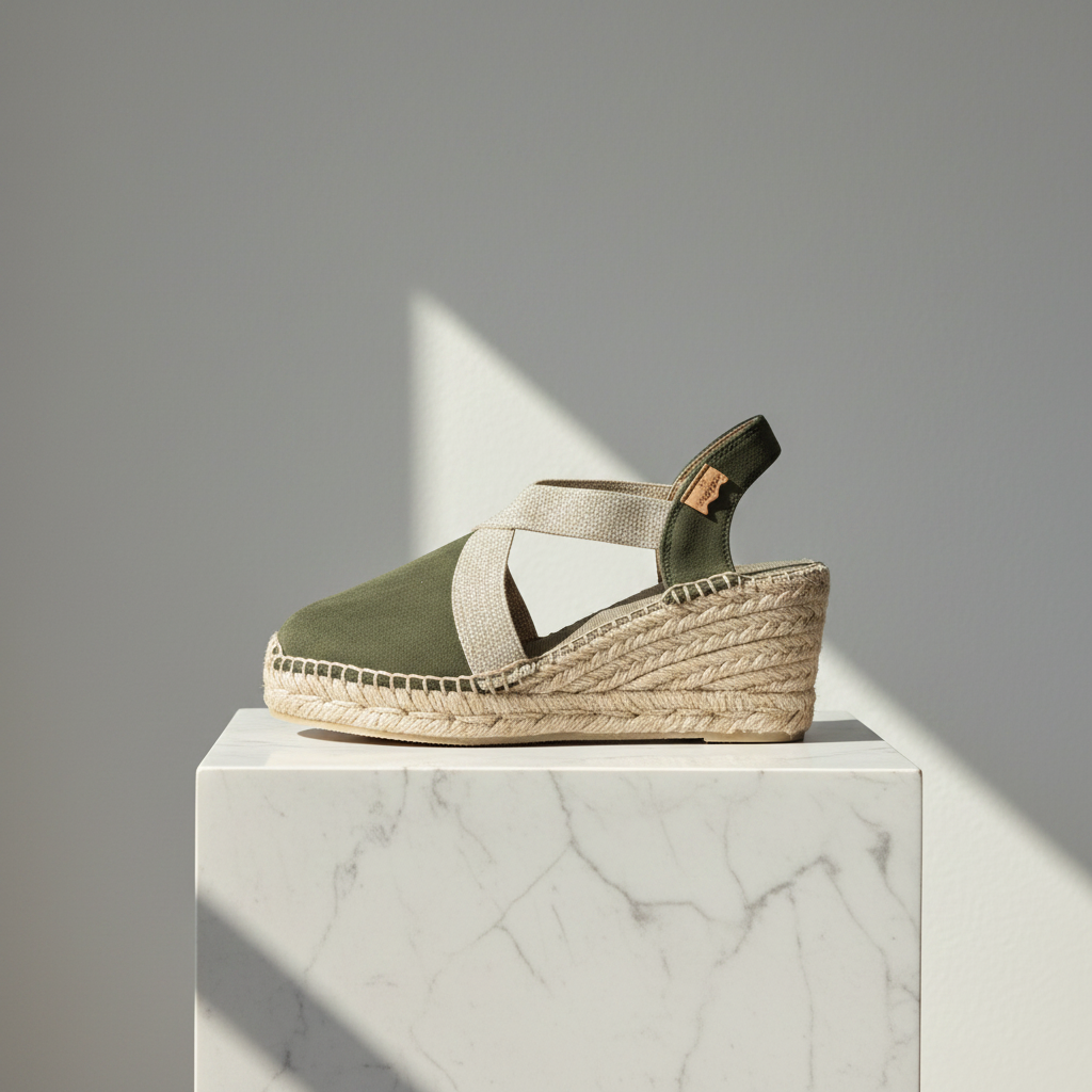 An olive green wedge espadrille sandal with beige woven straps and a braided jute platform sole, displayed on a white marble pedestal against a gray background with a diagonal shadow.