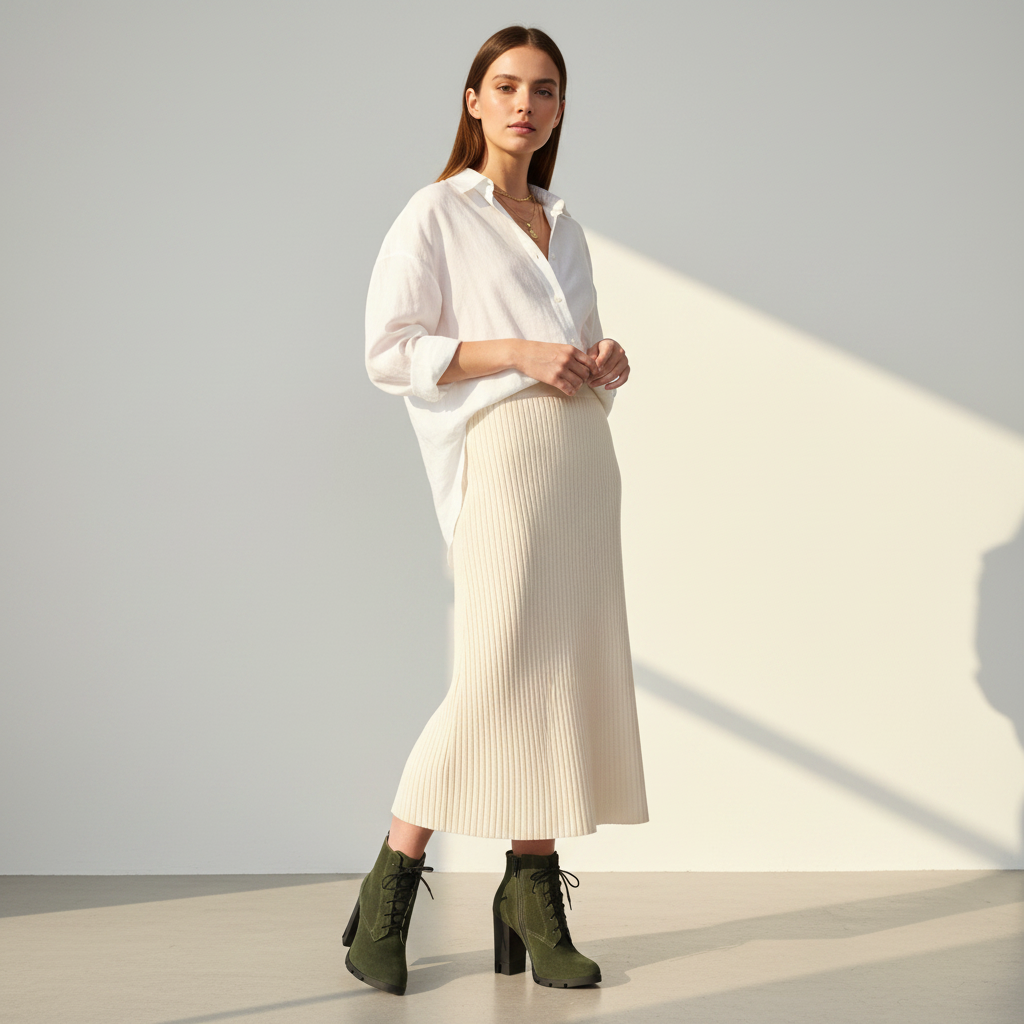 A woman stands in a studio wearing a loose white button-up shirt, a long cream ribbed midi skirt, and olive green lace-up ankle boots. The background is a light gray wall with strong diagonal sunlight and shadows.