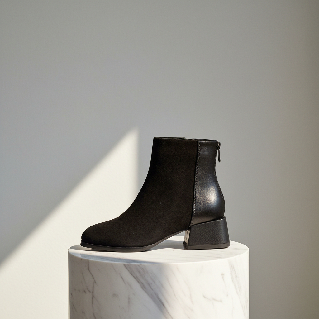 A black leather ankle boot with a low block heel and side zipper, displayed on a white marble cylinder pedestal against a neutral gray background with a diagonal shadow.