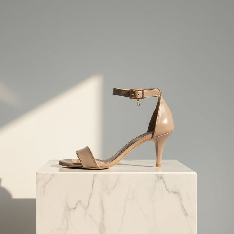 Beige high-heeled sandal on a marble surface with a gray background