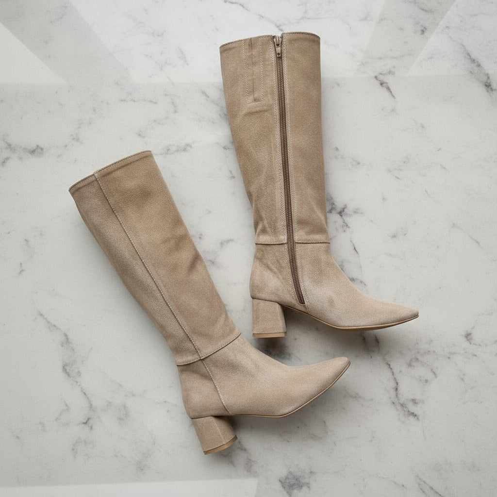 Close-up of WINTER beige suede petite knee boots showing texture and 6cm heel.