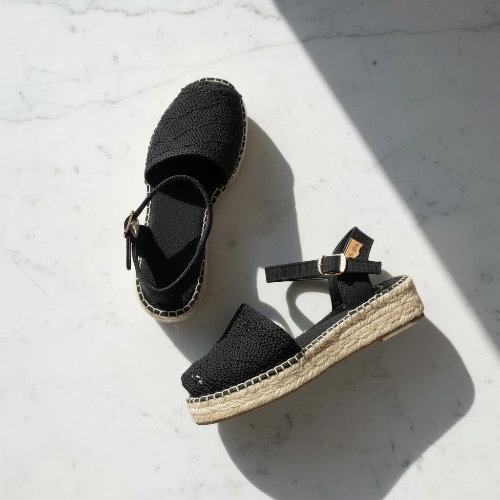 A pair of black woven espadrille wedge sandals with ankle straps and gold-tone buckles, arranged on a white marble surface with strong diagonal shadows.