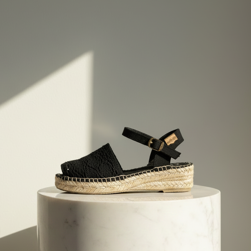 A single black woven espadrille sandal with an ankle strap and braided jute platform sole, displayed on a white marble pedestal against a neutral gray background with a diagonal light shadow.