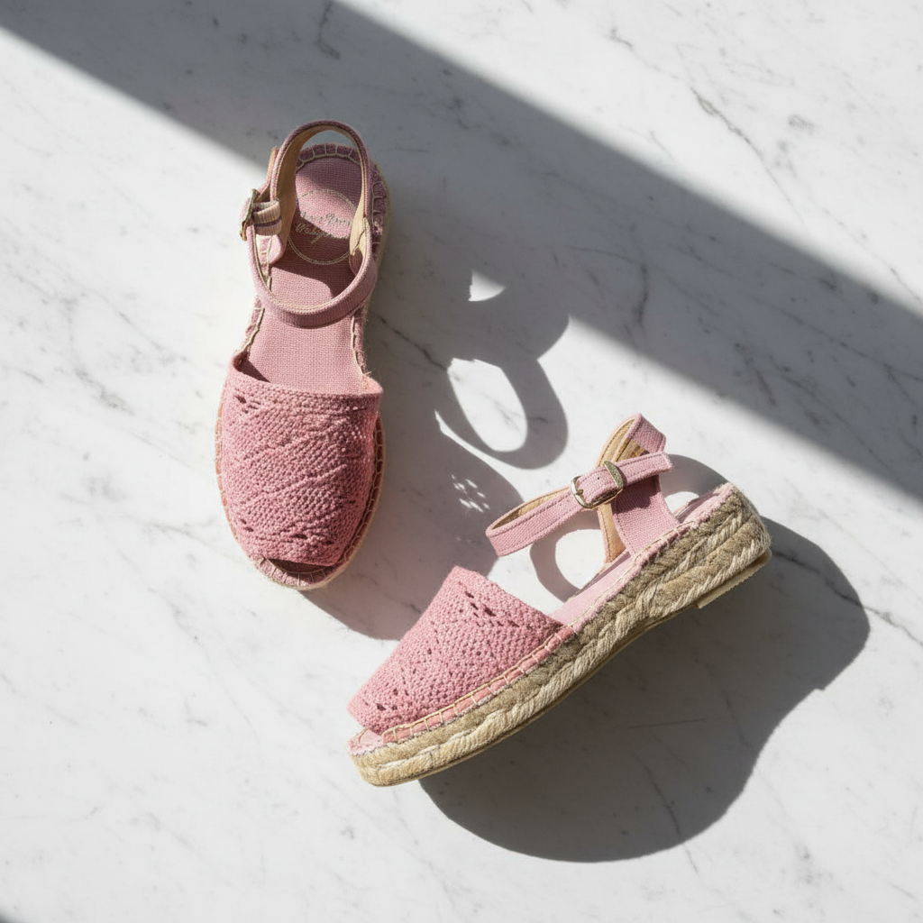 A pair of pink woven espadrille wedge sandals with ankle straps, displayed on a white marble surface with strong diagonal shadows.