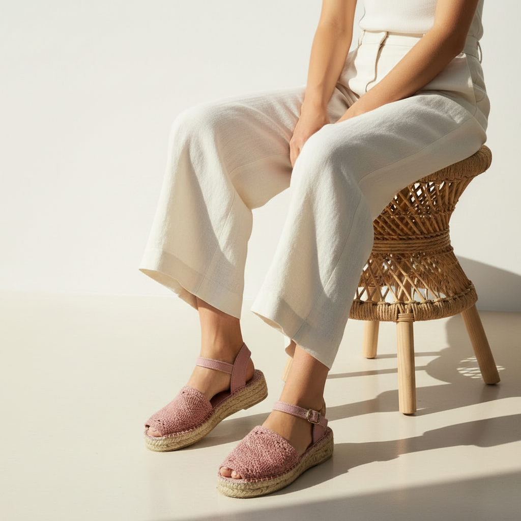 A person seated on a woven rattan stool wearing light pink espadrille sandals with braided uppers and jute-wrapped soles, paired with white cropped pants in a bright studio setting.