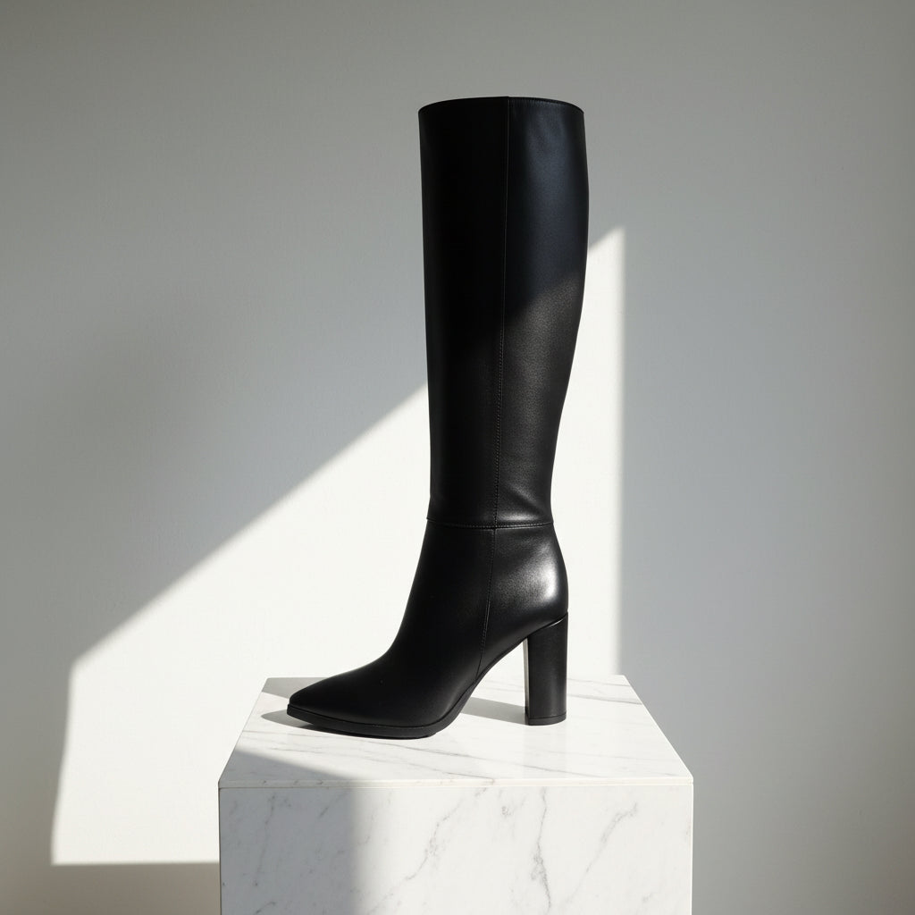 Black knee-high boot on a white pedestal against a gray background