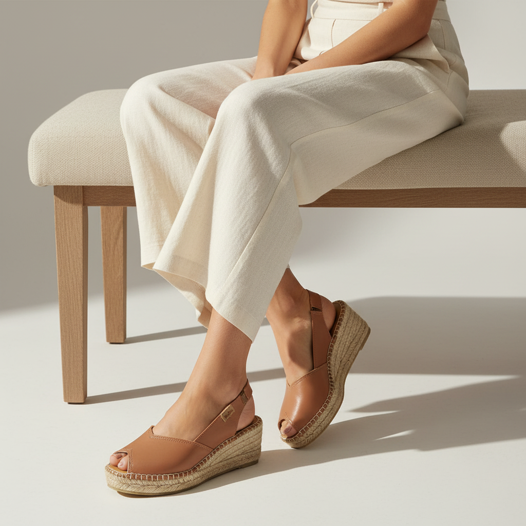 A person seated on a light upholstered wooden bench wearing tan espadrille wedge sandals with braided jute-wrapped wedge heels and slingback straps, paired with cream wide-leg pants in a bright studio setting.