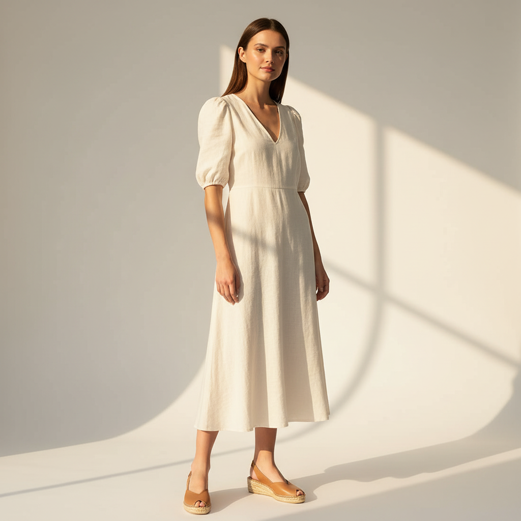 A woman stands in a studio wearing a cream midi dress with puff sleeves, a V-neckline, and a gathered waist, paired with tan wedge sandals. The background is a warm off-white wall with soft window-shadow light patterns.