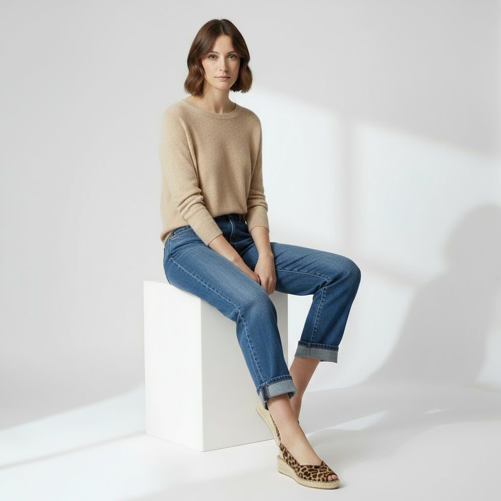 LEILA leopard print espadrille wedges styled with rolled denim jeans, perfect summer-to-fall transition shoe for women with small feet