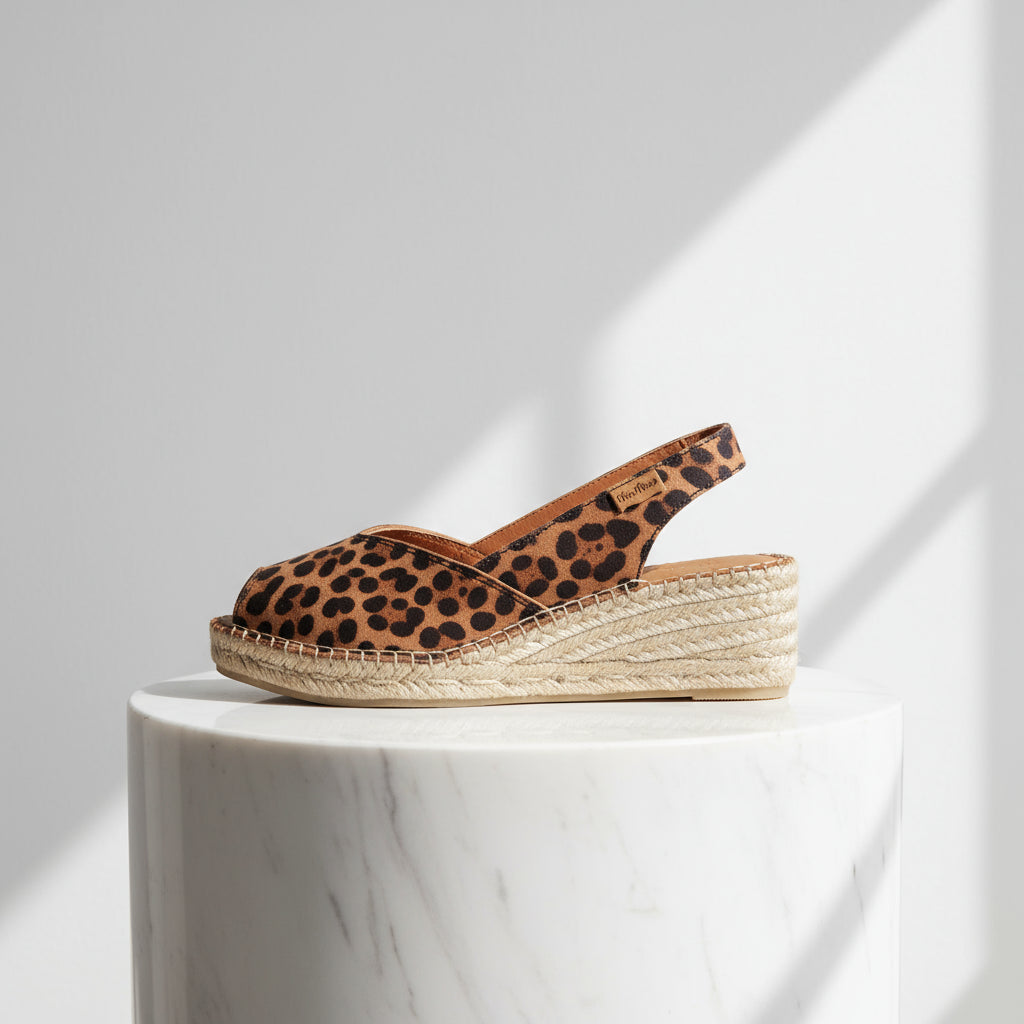 Side view of LEILA leopard pattern slingback espadrilles with jute platform, specially crafted for women with petite feet