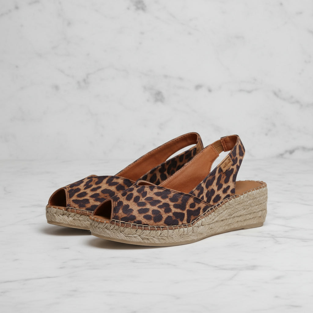 LEILA leopard print espadrille wedges with 5cm jute heel, designed for small feet with slingback strap and peep-toe styling