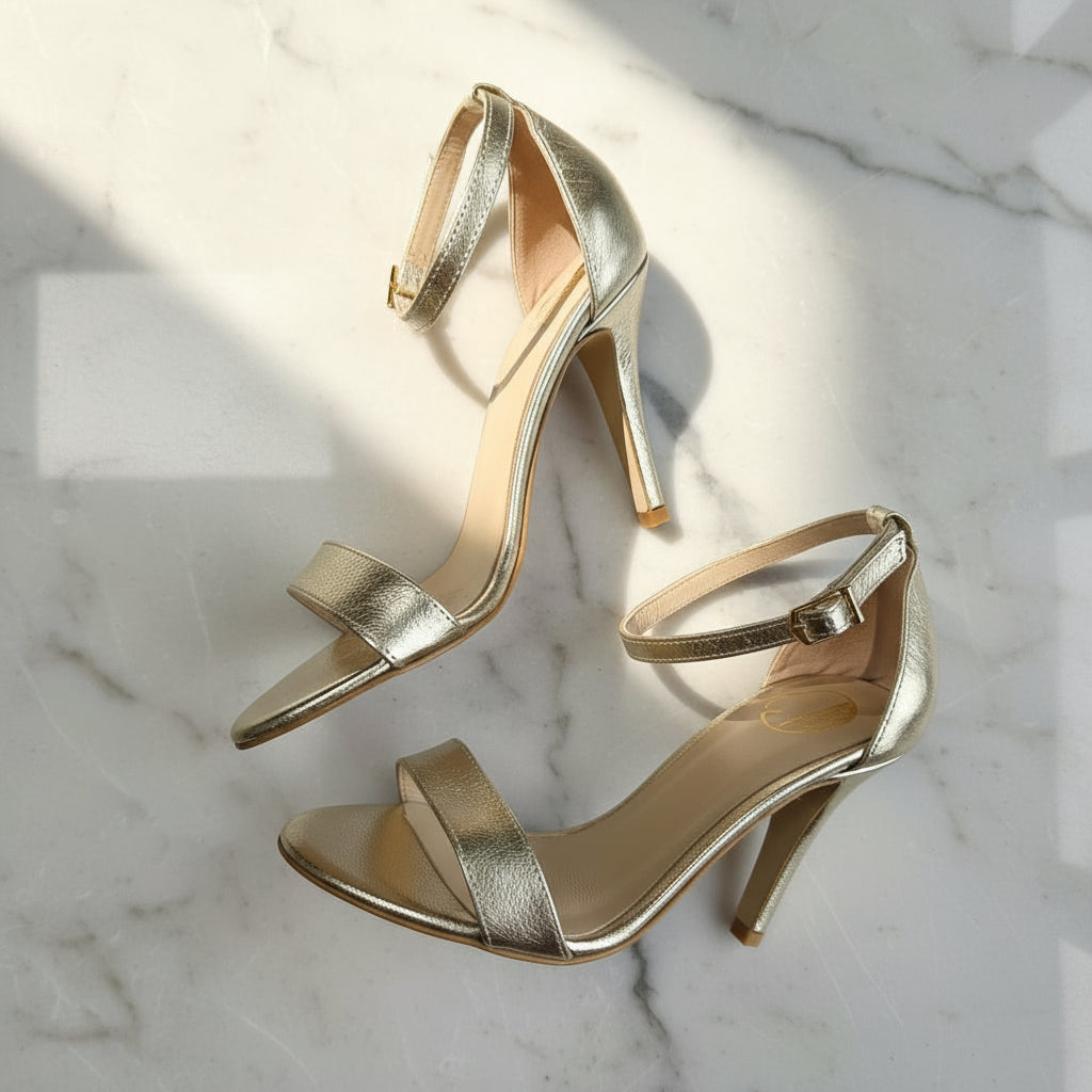  Flat lay of light gold leather high heel sandals showing side profile and straps