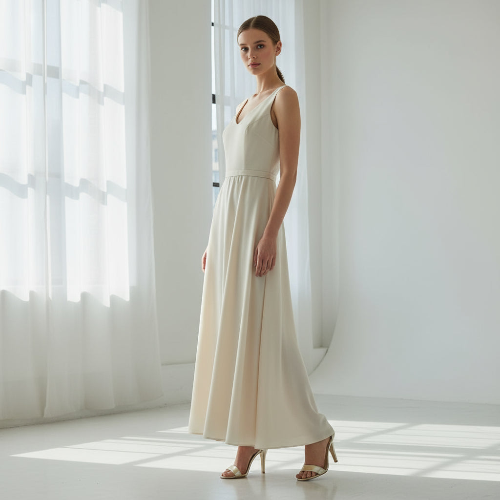 Woman in a white dress standing in a bright room with large windows.