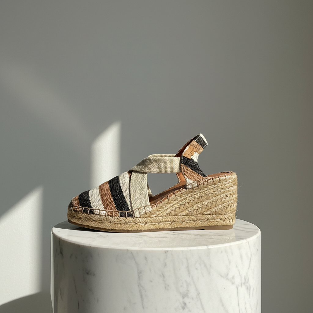 A single wedge espadrille sandal with woven jute platform and striped fabric straps in beige, brown, black, and white, displayed on a white marble cylinder pedestal against a gray wall with soft window shadows.
