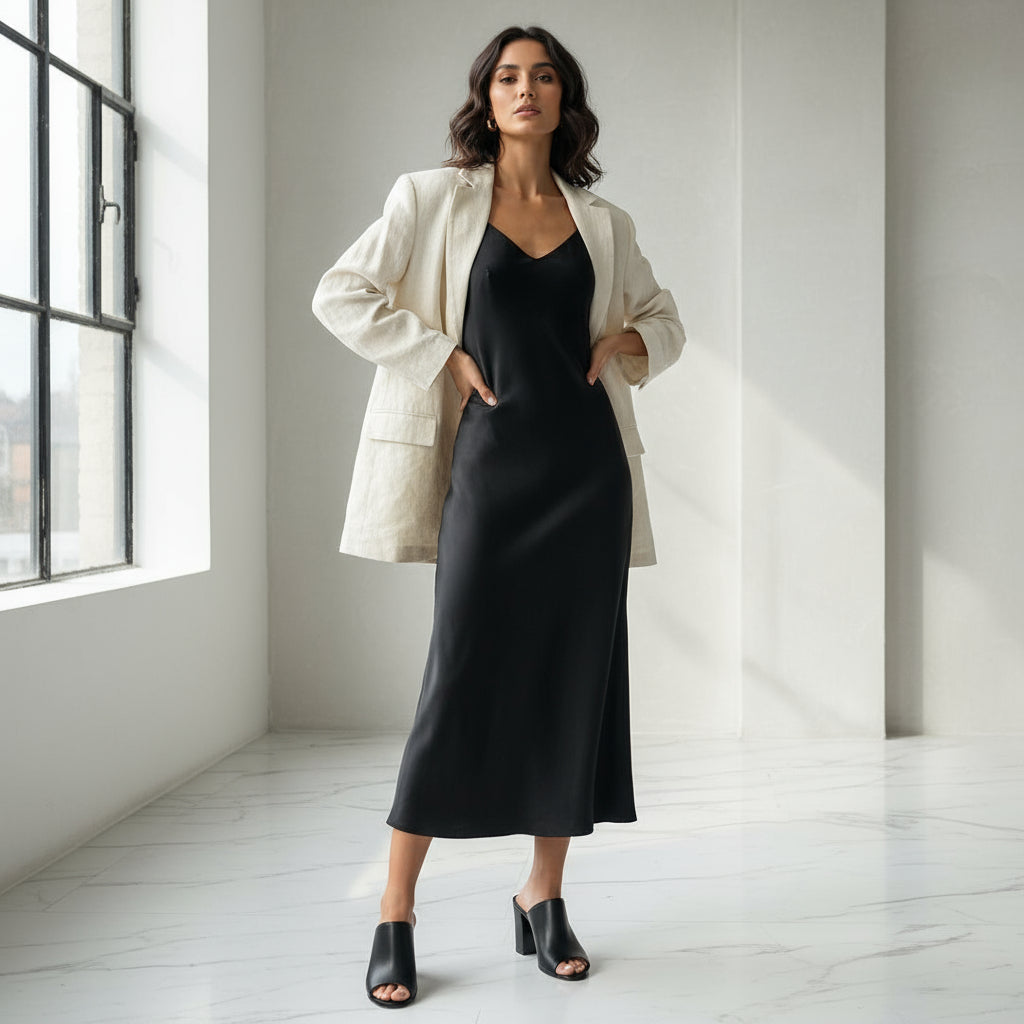 Woman wearing a black dress and beige coat in a bright room with large windows.