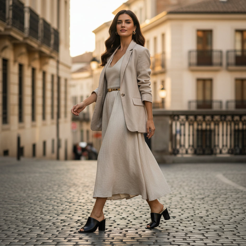 Woman in a beige suit walking on a cobblestone street in an urban setting