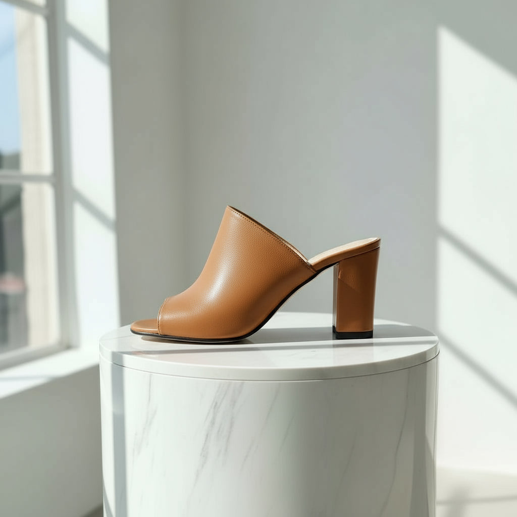 Brown leather sandal on a white pedestal against a light background