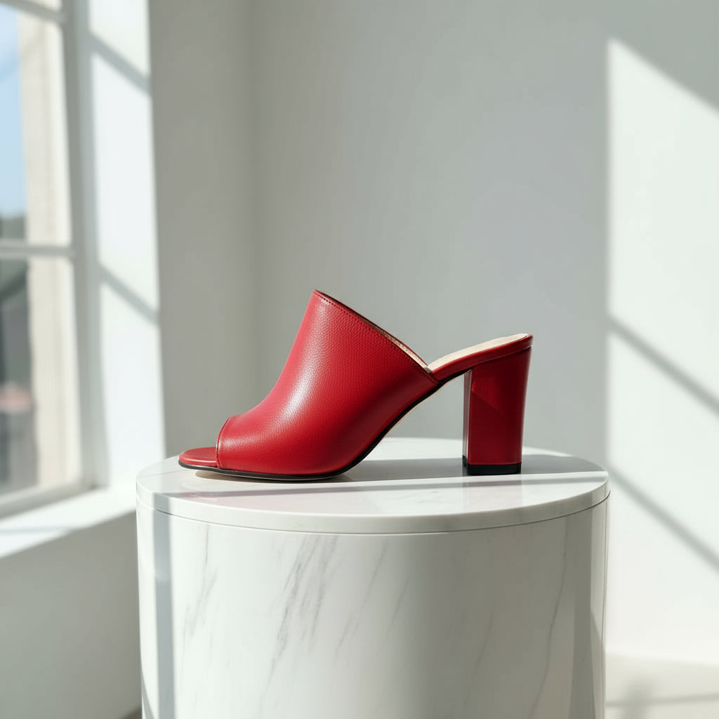 Red high-heeled shoe on a white pedestal with a bright background