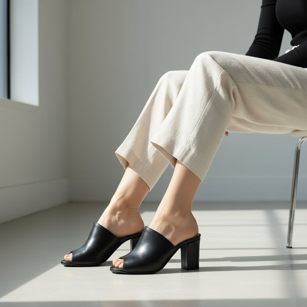 Person wearing black open-toe shoes and beige pants sitting on a chair.