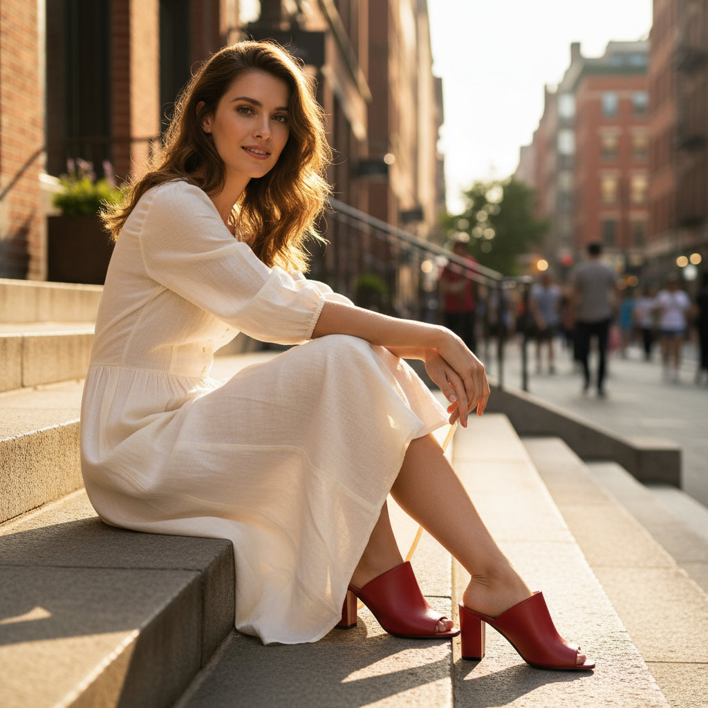 Woman in a white dress and red shoes sitting on steps in an urban setting