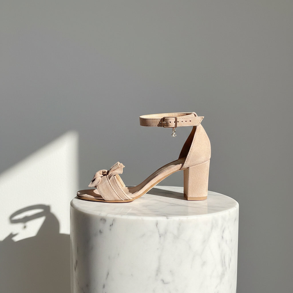 Beige sandal with block heel on a marble pedestal against a gray background