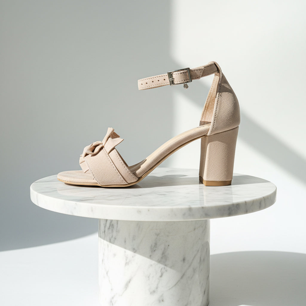 Beige sandal with a bow on a white background