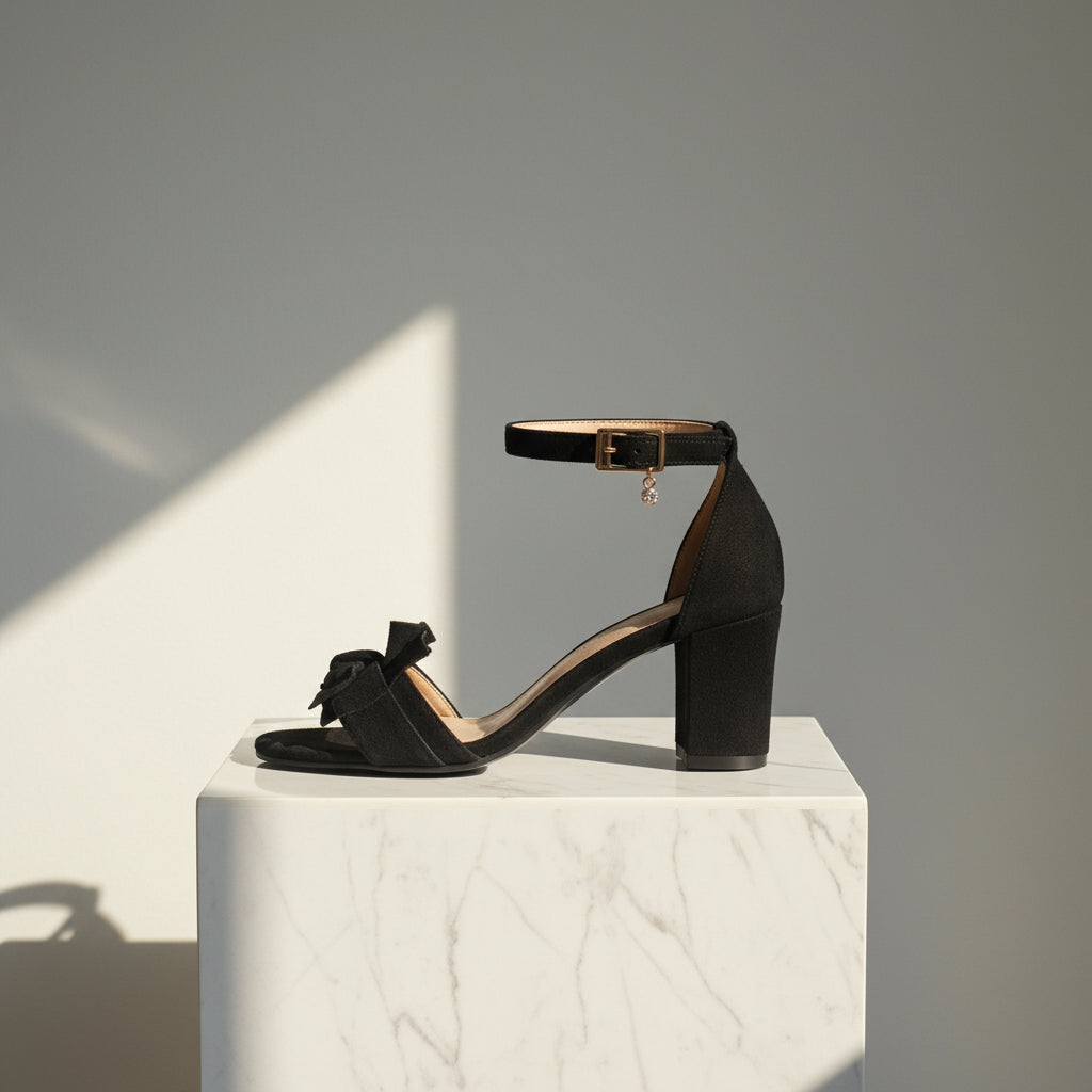 Black sandal with a block heel on a white marble pedestal against a gray background