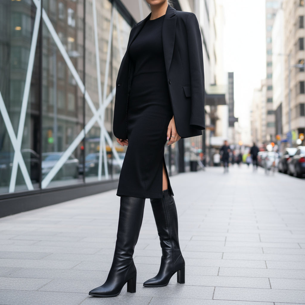 Person wearing a black outfit with knee-high boots on a city street.