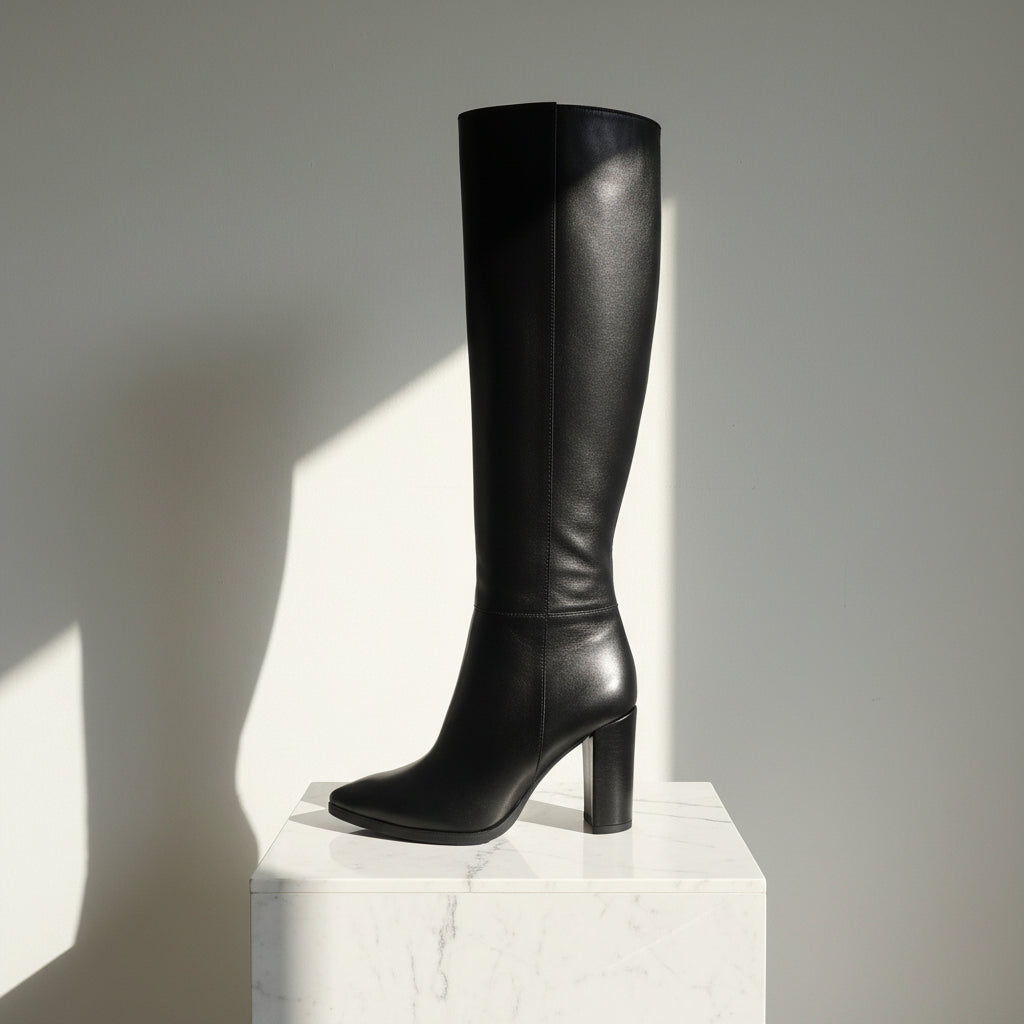 A single black leather knee-high boot with a block heel and pointed toe, photographed against a white studio backdrop with a warm beige wall visible behind it.
