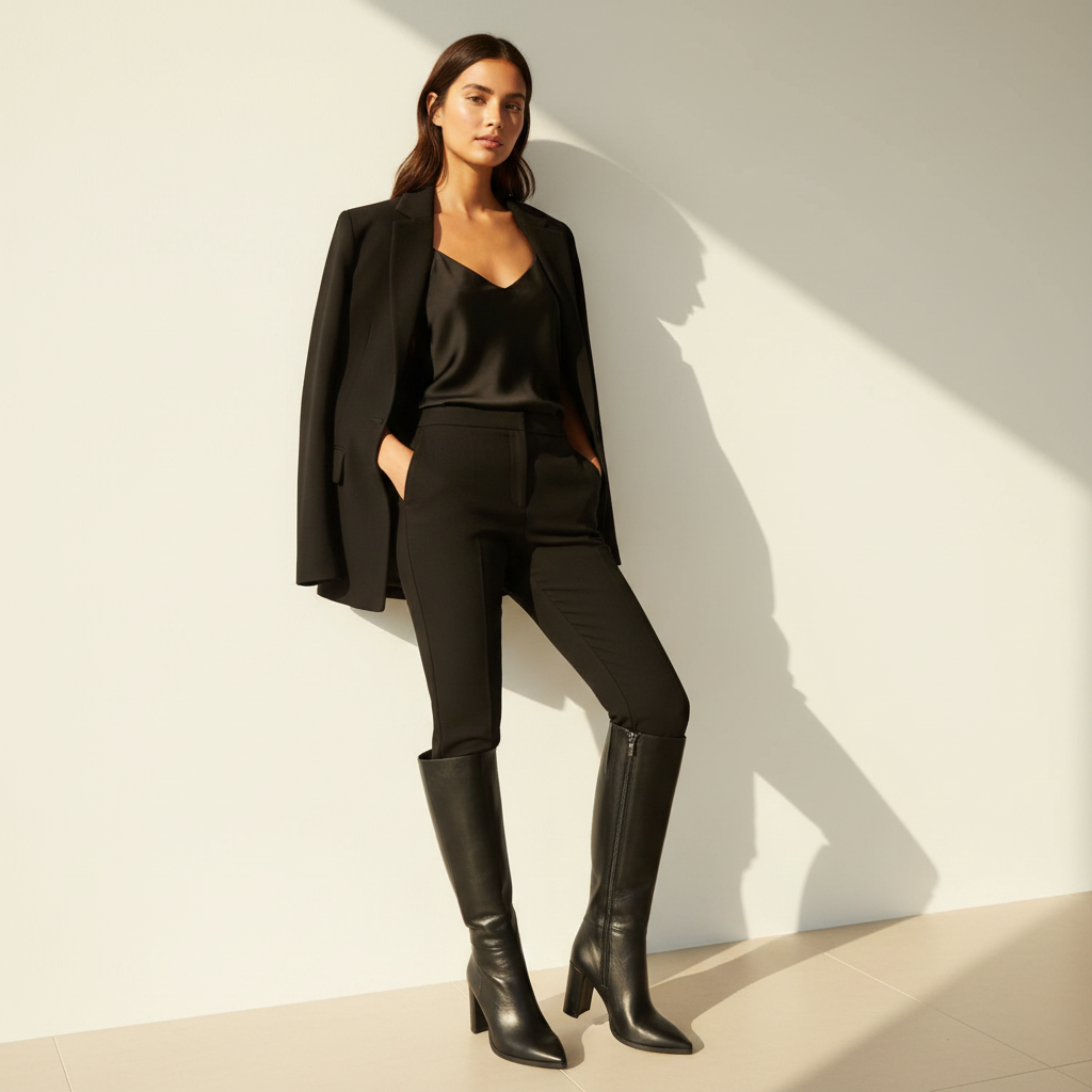 A woman models a chic black outfit consisting of a structured blazer, satin V-neck top, slim-fit trousers, and knee-high leather boots, posing against a minimalist off-white wall with dramatic sunlight and shadows.